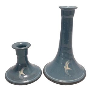 Vintage Handpainted Clay Candlesticks Martlet Pattern Blue White Set 2 6.5" 3"